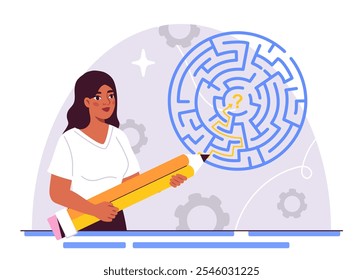 Woman with labyrinth. Young girl with huge pencil near maze. Businesswoman looking for solution to problem. Puzzle and intellectual game. Flat vector illustration isolated on white background