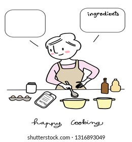 Woman with ladle in hand cooking food from recipe in tablet. Cute woman holding ladle bowl, cooking food in kitchen. Cheerful woman reading food recipe in tablet and cooking meal from the recipe.