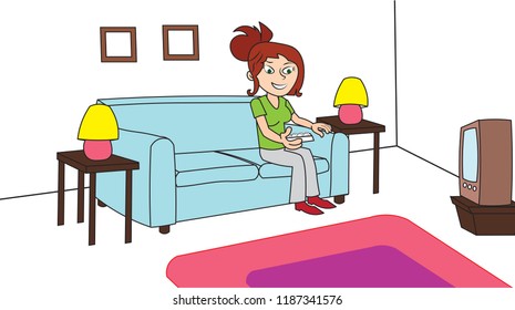 Woman lady girl watching tv television sitting on sofa remote control in hand
