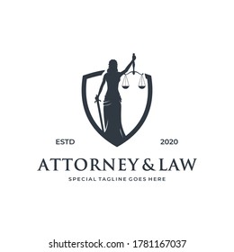 Woman / lady law logo concept with shield element. Attorney / justice design template. Law symbol. Vector illustration