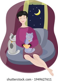 woman, lady sits in a chair with two gray cats. Evening, night, open window, moon, stars. Relax. Closed eyes. Vector illustration