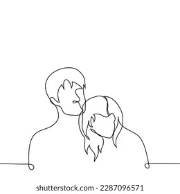 woman laid her head on the chest of a man - one line drawing vector. touch concept, couple