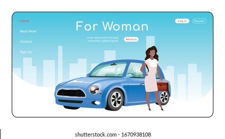 For Woman Landing Page Flat Color Vector Template. Automobile Showroom Homepage Layout. Cars For Ladies One Page Website Interface With Cartoon Character. Auto Dealership Web Banner, Webpage