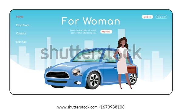 For woman landing page flat color vector\
template. Automobile showroom homepage layout. Cars for ladies one\
page website interface with cartoon character. Auto dealership web\
banner, webpage