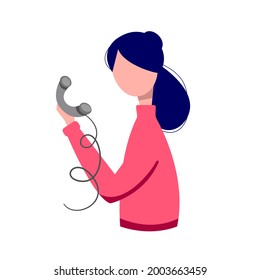 Mujer con teléfono fijo en la mano. Ilustración conceptual para la asistencia al cliente, ayuda, centro de llamadas. Ilustración vectorial.