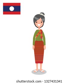 Woman in Lao Traditional Formal Nation Costume With Flag