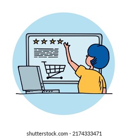 Woman with laplot computer. Add to cart and review online shop website feature. Online shopping, ecommerce. Cartoon caricature black and white vector illustration