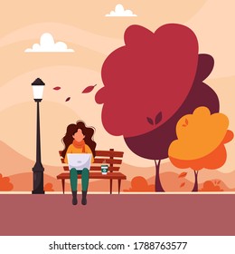 Woman with laptop in autumn park. Freelance, remote work concept. Vector illustration