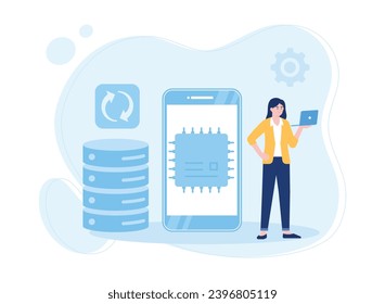 woman with laptop is backing up cloud database trending concept flat illustration