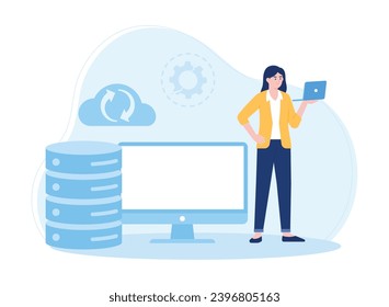 woman with laptop is backing up cloud database trending concept flat illustration