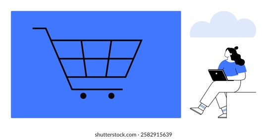 Woman with laptop beside large shopping cart, highlighting online shopping and e-commerce. Ideal for digital marketing, online retail, e-commerce, user experience, web design, technology, modern