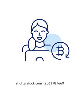 Woman at laptop and bitcoin in refresh arrow, cryptocurrency mining or workstation. Pixel perfect, editable stroke icon