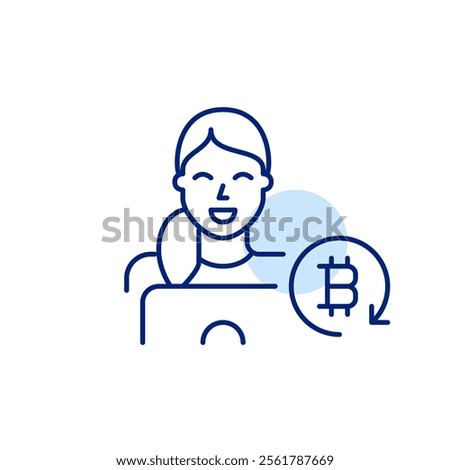 Woman at laptop and bitcoin in refresh arrow, cryptocurrency mining or workstation. Pixel perfect, editable stroke icon