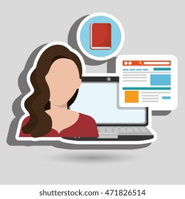 woman laptop book document vector illustration design