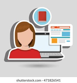 woman laptop book document vector illustration design