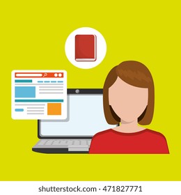 woman laptop book document vector illustration design