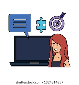 woman with laptop and business icons