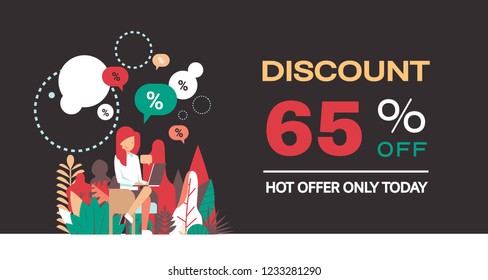 woman with laptop buying online e-shopping black friday concept special holiday offer discount hot price flat horizontal vector illustration