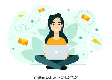 Woman, laptop, chat. Workflow process. Social network, the best estimate of performance, people leave feedback and comments, successful work is the highest score