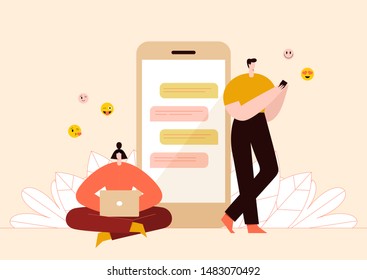Woman with laptop chatting with man with phone and emoji on the background. Dating app and virtual relationship. Flat vector illustration.