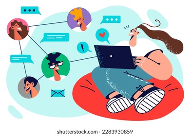 Woman with laptop chatting on social networks with colleagues exchanging messages via email. Positive girl commenting on photos of friends or sending message using internet technology