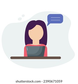 Woman with laptop. Chatting, technology, business, work from home. Vector simple design.
