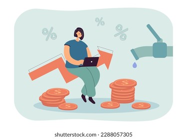 Woman with laptop checking water supply bill vector illustration. Cartoon drawing of girl shocked at payment increase for water, stacks of coins, upward arrow. Finances, utility bills concept