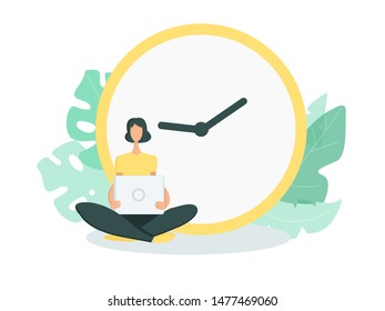 Woman with laptop and clock flat vector illustration.