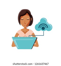 woman with laptop and cloud computing