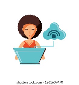 woman with laptop and cloud computing