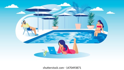 Woman with Laptop and Cocktail Lies on Pool Background. People Relaxing by Pool. Coworking Center. Vector Illustration. Time Rest. Outdoor Swimming Pool. Man Sits on Chair. Woman in Red Swimsuit.