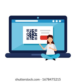 woman and laptop with code qr vector illustration design