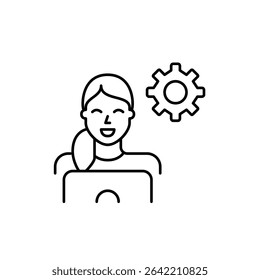 Woman at laptop and cogwheel. Remote tech support, software development, system configuration and IT management. Pixel perfect, editable vector icon