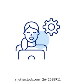 Woman at laptop and cogwheel. Remote tech support, software development, system configuration and IT management. Pixel perfect, editable stroke vector icon