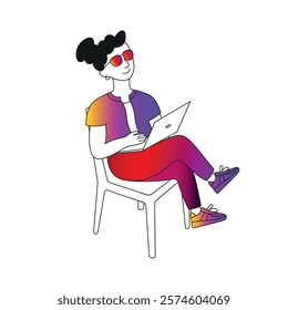 Woman with laptop, color gradient style, sitting on a chair, illustration on white background.