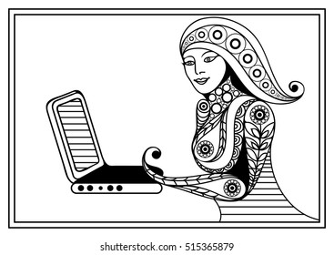 Woman with laptop. Coloring book page. Suitable for invitation, flyer, sticker, poster, banner, card,label, cover, web. Vector illustration.