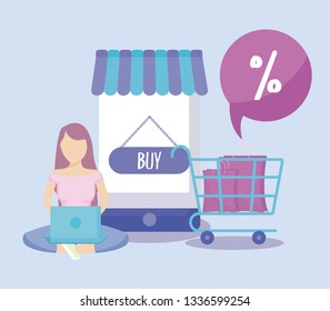 woman with laptop and commercial icons