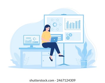Woman with laptop and computer analyzing business finances trending concept flat illustration