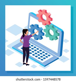 woman with laptop computer and big gears over white background, colorful design , vector illustration