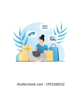 Woman in laptop, computer buys goods, things on Internet, places order in online store, contactlessly pays for purchases with credit or debit card. Girl is waiting for delivery by truck in paper bags.