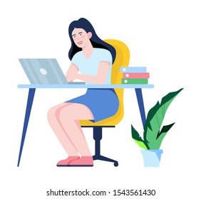 Woman with laptop computer. Character sitting at the desk working on notebook. Isolated flat vector illustration