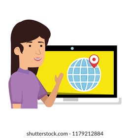 woman with laptop computer and gps app