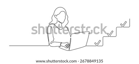 Woman with laptop computer in one continuous line drawing. Businesswoman and female student with check marks in simple linear style. Searching concept in Editable stroke. Sketch vector illustration
