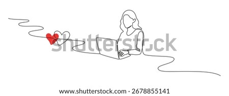 Woman with laptop computer in one continuous line drawing. Female user with dating app and heart in simple linear style. Searching love concept in Editable stroke. Doodle vector illustration