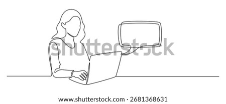 Woman with laptop computer in one continuous line drawing. Symbol of online texting and dialogue in simple linear style. Speech balloon in Editable stroke. Outline vector illustration
