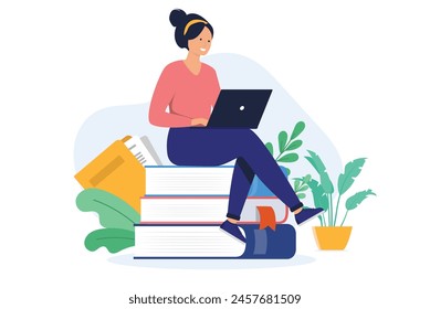 Woman with laptop computer sitting on stack of books taking education, learning and gaining knowledge online. Studying and school concept in flat design vector illustration with white background