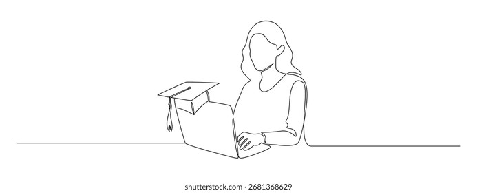 Woman with laptop computer and student cup in one continuous line drawing. Searching job for young graduate in simple linear style. Education concept in Editable stroke. Outline vector illustration