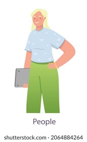 Woman with laptop concept. Female entrepreneur in office clothes or student studying. Young girl holds device in her hands and smiles. Avatar for social networks. Cartoon flat vector illustration