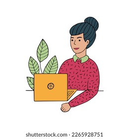 Woman with laptop. Concept illustration for support, assistance, call center. Vector illustration in flat style