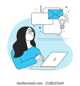 Woman with laptop - concept online communications. Abstract flat illustration isolated on white background